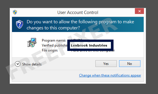Screenshot where Lenbrook Industries appears as the verified publisher in the UAC dialog